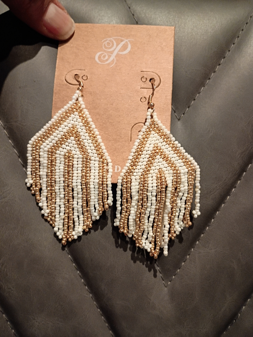 Plunder White and Gold Beaded Fringe Geometric Earrings